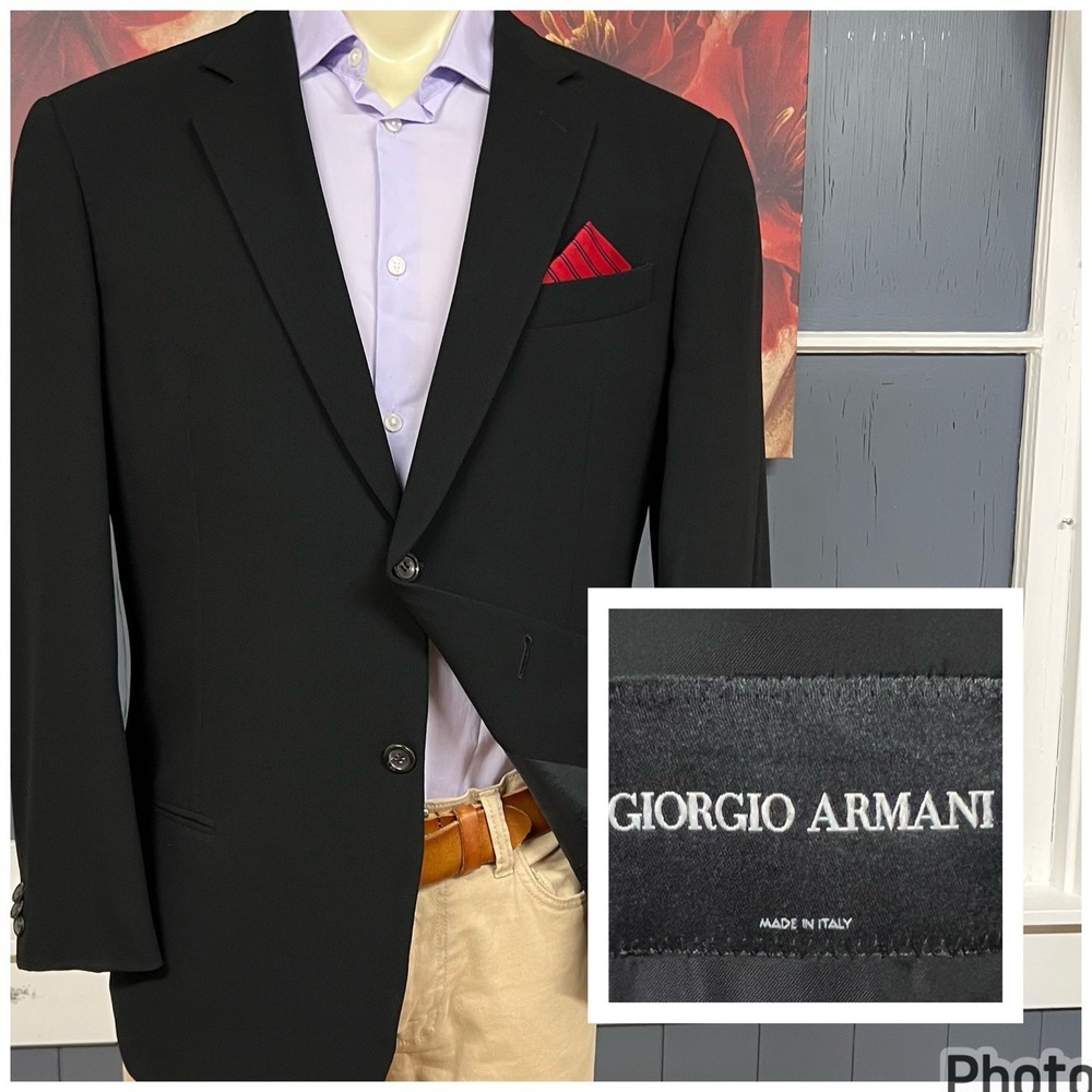 Giorgio Armani Hopsack Ventless Blazer Mens 44R Modern Fit Wool Stretch Black